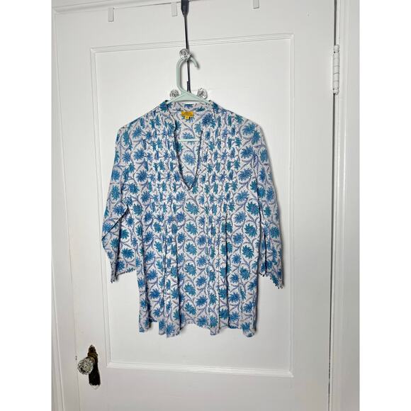 Roberta Roller Rabbit Block Print Blue Floral Cotton Tunic Top Blouse Small - Picture 1 of 10
